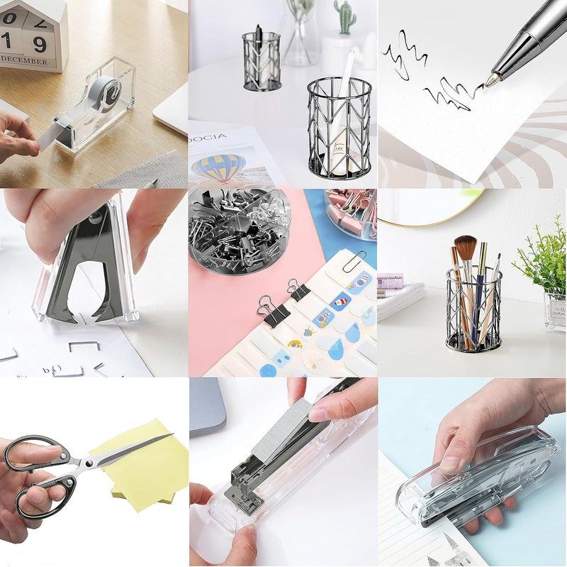 Famassi Office Desk Accessories，Office Supplies Set Acrylic Stapler Set Staple Remover, Tape Holder, Pen Holder, 2 Ballpoint Pen, Scissor, Binder Clips, Paper Clips and 1000pcs Staples(Black) - Image 5